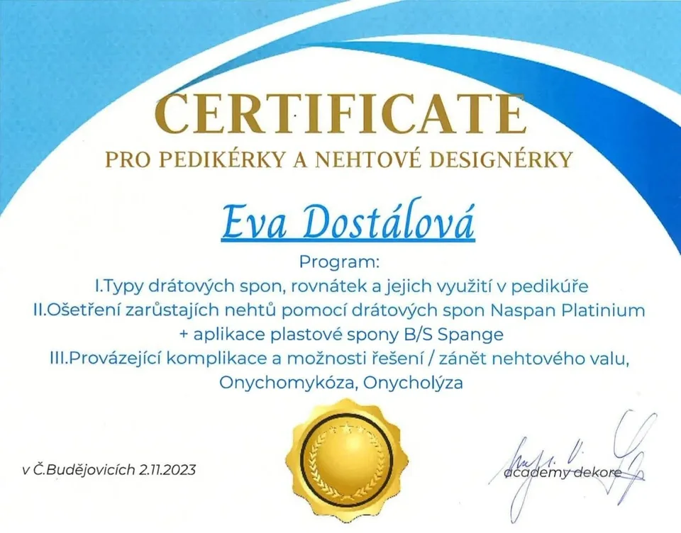 Osvědčení Evy Dostálové pro pedikérky a nehtové designérky
